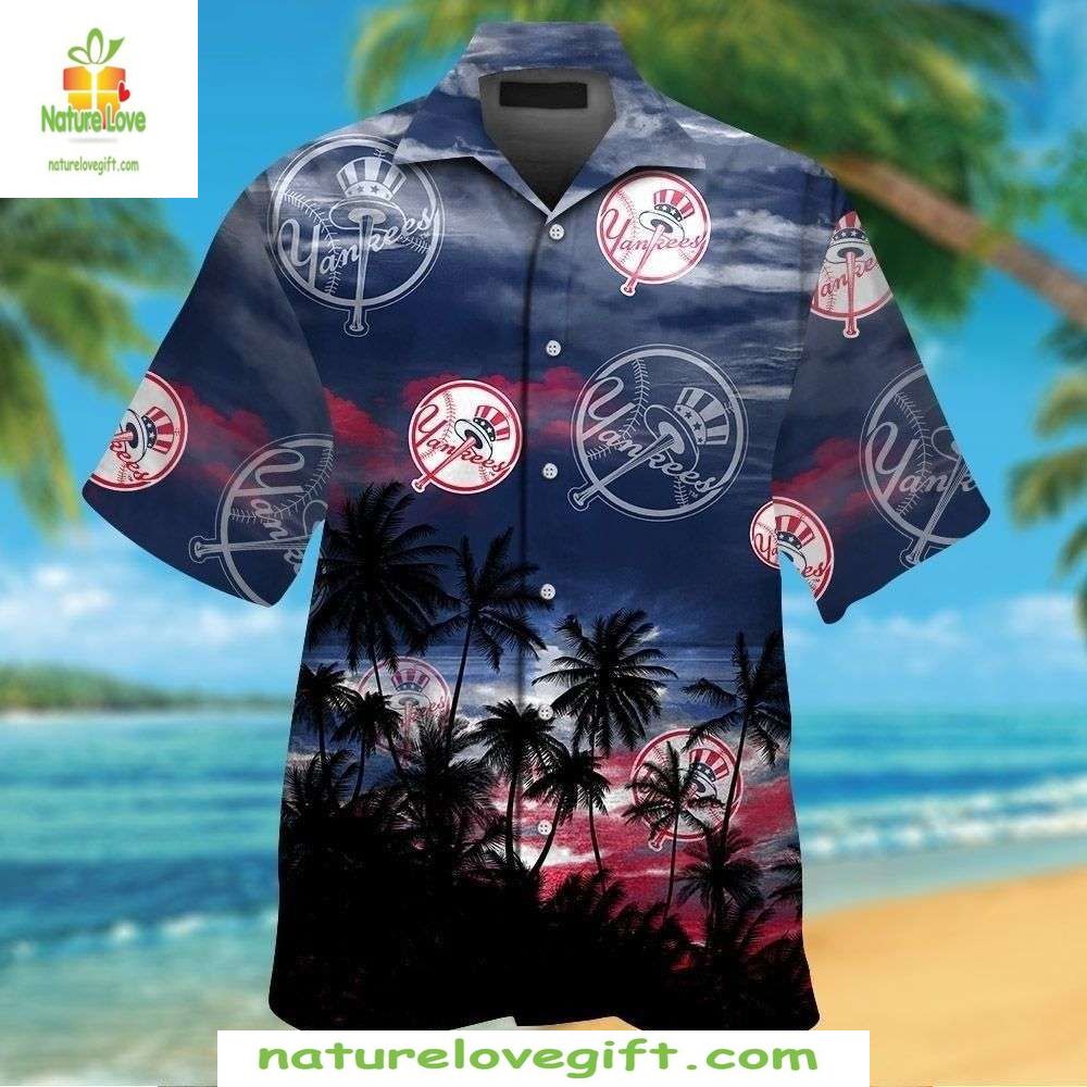 NY Yankees Hawaiian Shirt Sunset Palms Stylish Baseball Apparel