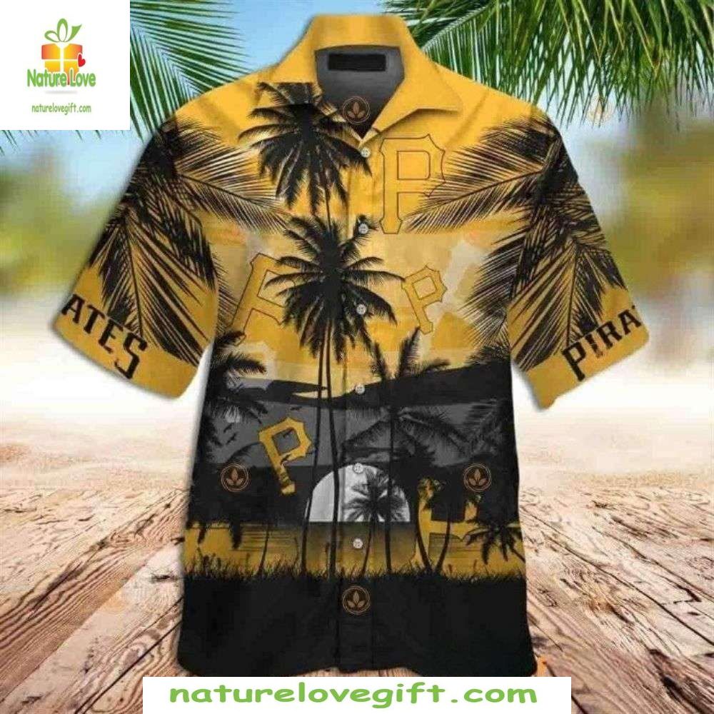 Pittsburgh Pirates Hawaiian Shirt Black Gold Sunset Palms MLB Baseball Apparel