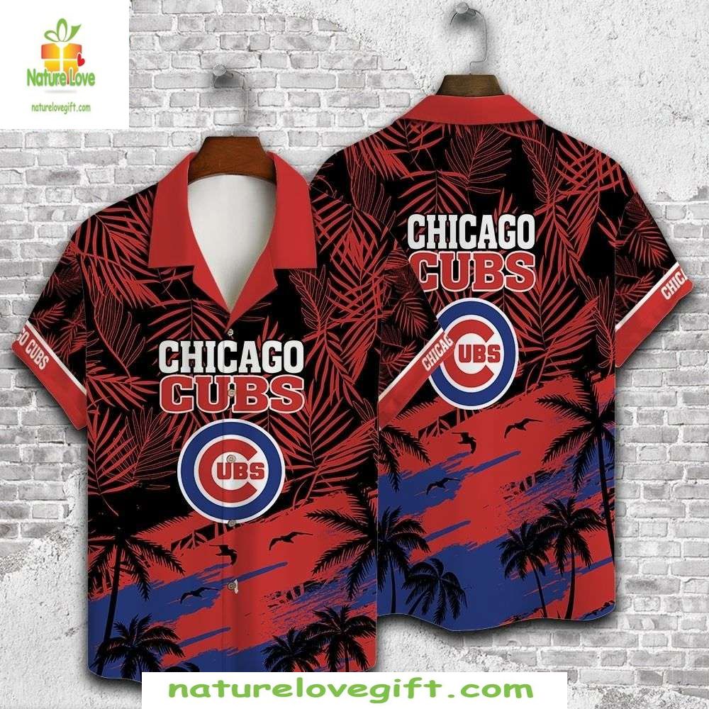 Chicago Cubs Hawaiian Shirt Sunset Red Tropical Palms Aloha Baseball Apparel