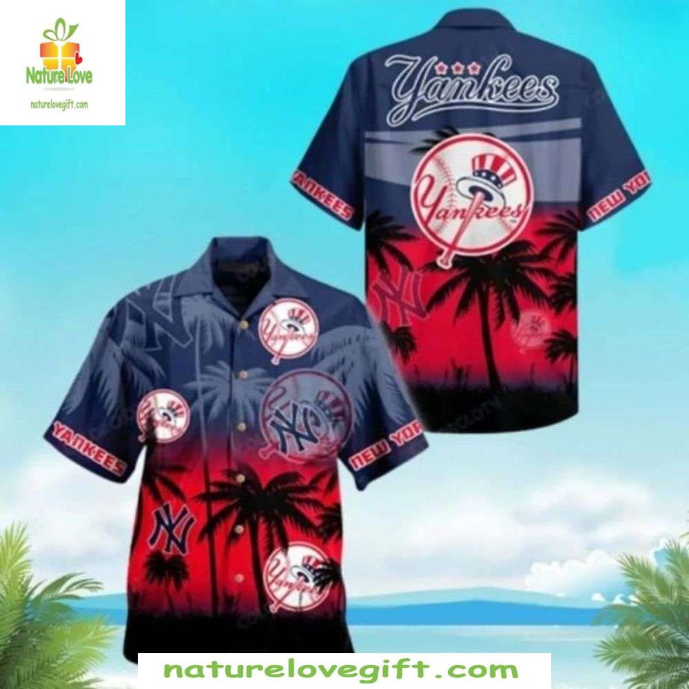 NY Yankees Hawaiian Shirt Red Blue Ombre Sunset Palms Baseball Apparel