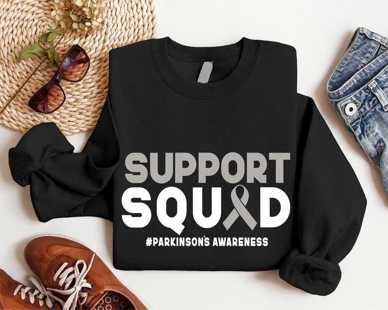 Support Squad Sweatshirt, Parkinson's Disease Awareness Hoodie, Gray Ribbon Gift Sweater, Matching PD Worrier Support, Fighter Gift Sweatshirt, Survivor Hoodie.