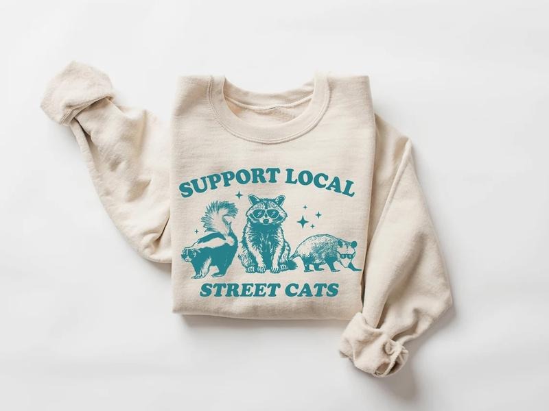 Support Your Local Street Cats Graphic T-Shirt, Retro Unisex Adult T Shirt, Vintage Raccoon T Shirt, Menswear Top