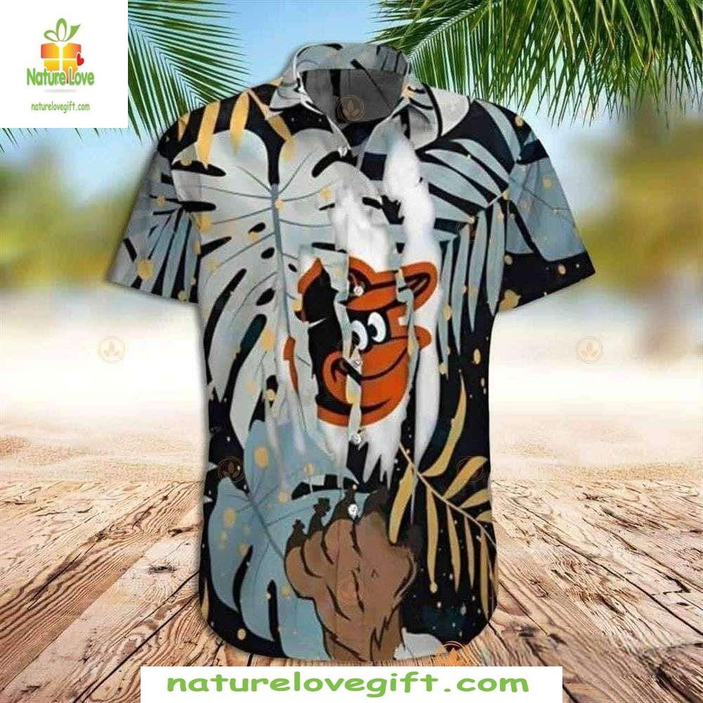 Baltimore Orioles Hawaiian Shirt Surfing Monochrome Leaves MLB Baseball Apparel
