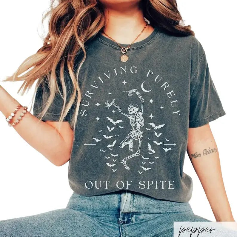 Surviving Purely out of Spite Comfort Colors Shirt, Funny Goth Celestial Skeleton and Bats Shirt, Bat Lover Gothic Boho Garment Dyed T-Shirt, Bat Lover Gift, Fighter Gift Idea, Inspiration Skeleton, Witchy Whimsigoth Collar Soft