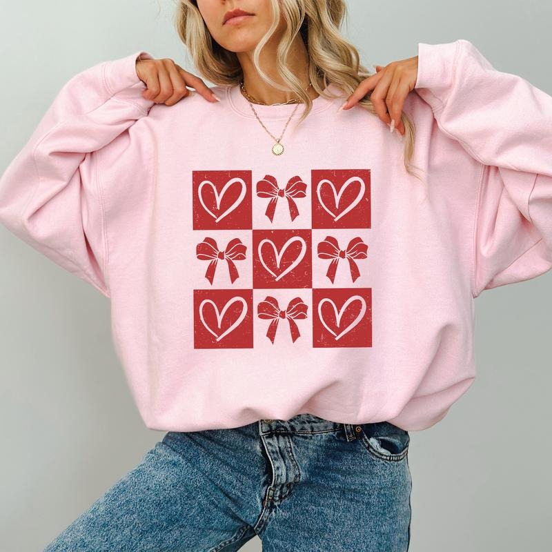 Sweet Heart Sweatshirt, Coquette Bow Heart Long Sleeves Pullover, Valentine Day Gifts, Cupid Crewneck Sweater. T-Shirts,...