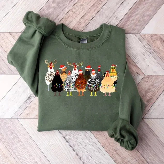 Cute Christmas Chickens Sweater/T-shirt For Women, Unisex Design, Festive Holiday Gift