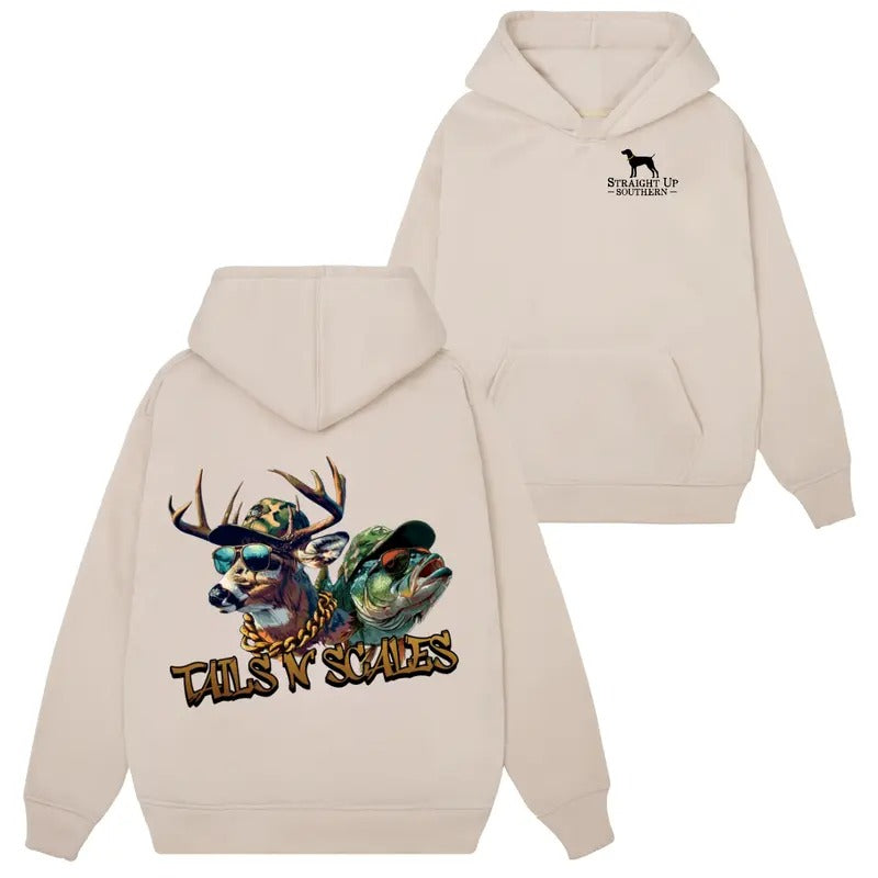 TAILS & SCALES Hunting Graphic Sweatshirt Hoodie Tshirt, Unisex Crew Neck, Regular Fit, Comfortable Casual Cotton Outfit with Classic Fabric for Men and Women