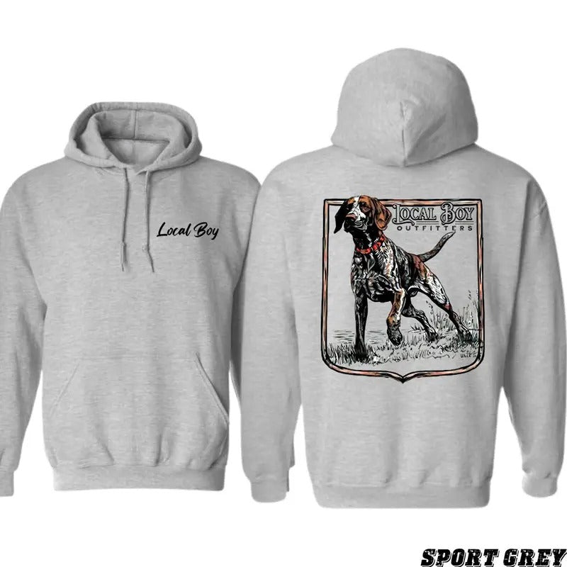 TTP Local Boy Outfitters Hoodie - Stylish Hunting Dog Graphic for Outdoor Enthusiasts, Unisex Hoodie for Adventure and Comfort, Great for Casual Wear and Hunting Adventures