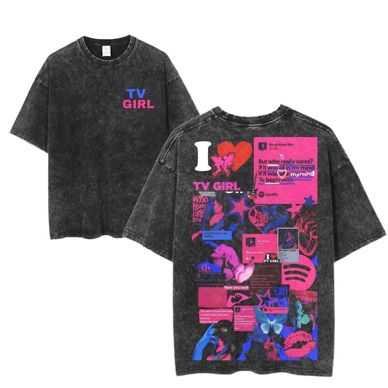 TV Girl Graphic Tour T-Shirt, Aesthetic Retro Indie Music Tee, Bold Collage Print, Unisex Streetwear Style, Soft Washed Vintage Look