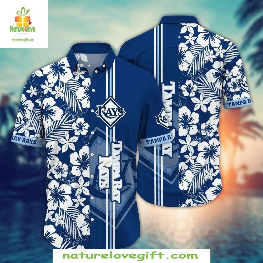 Tampa Bay Rays Hawaiian Shirt Navy White Floral MLB Baseball Apparel