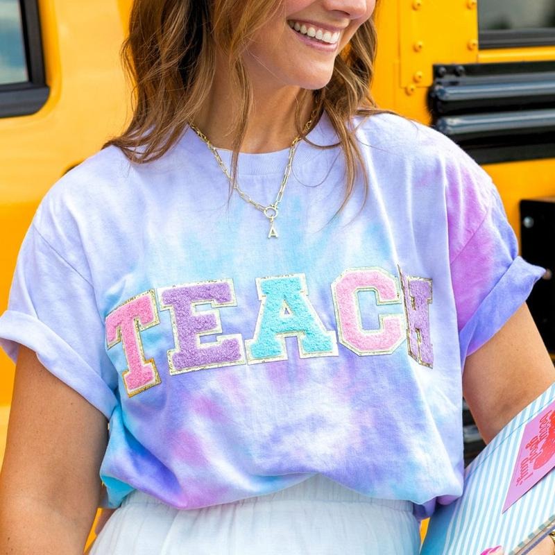 'Teach In Technicolor' Tie Dye Letter Patch T-Shirt