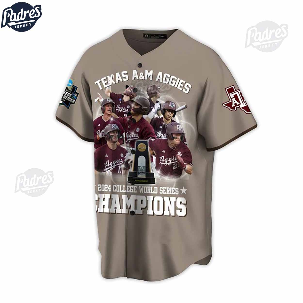 Texas A&M Aggies 2024 College World Series Champions Custom Grey Baseball Jersey - Padres Jersey Oasis: Elevate Your Baseball Style Game