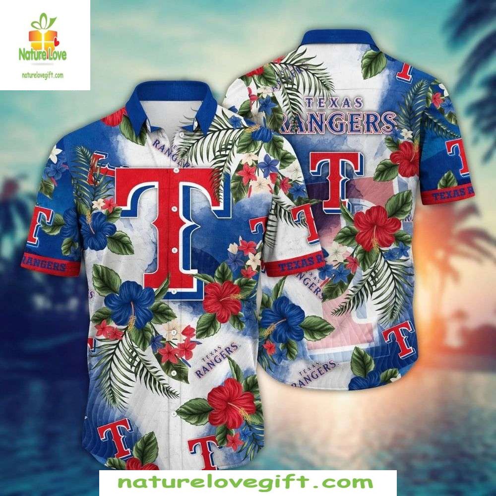 Texas Rangers Hawaiian Shirt Red Blue Floral MLB Baseball Apparel