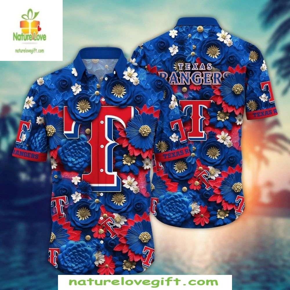 Texas Rangers Hawaiian Shirt Royal Blue Floral MLB Baseball Apparel