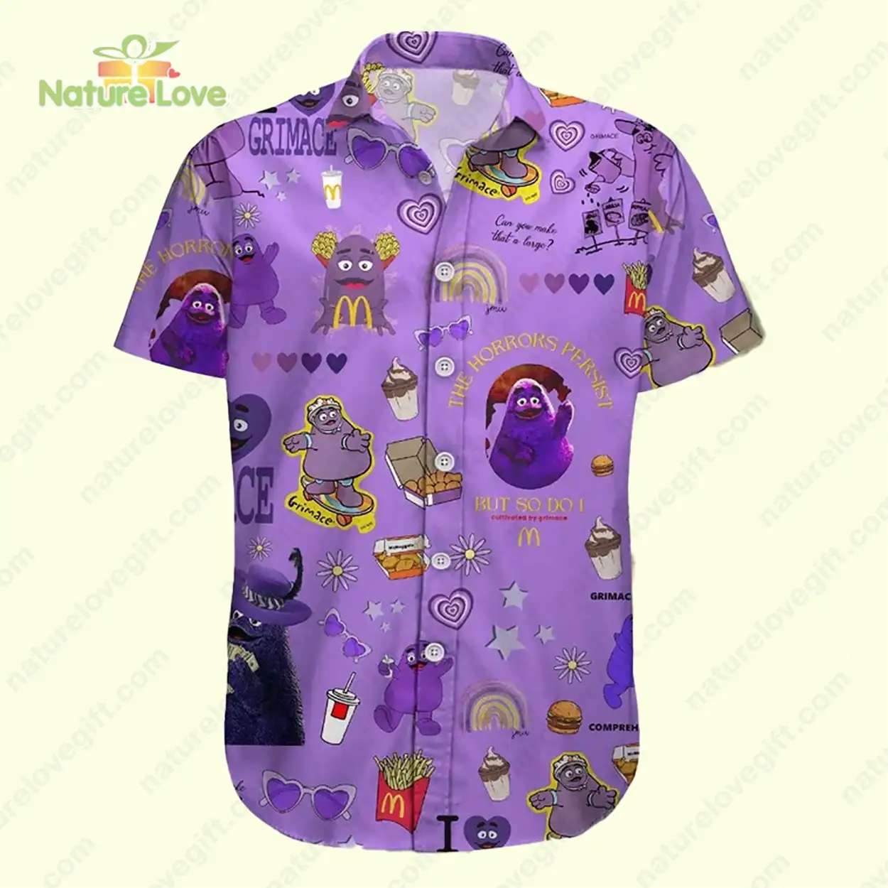 The Horrors Persist But So Do I Grimace Shake MC Donalds Hawaiian Shirt