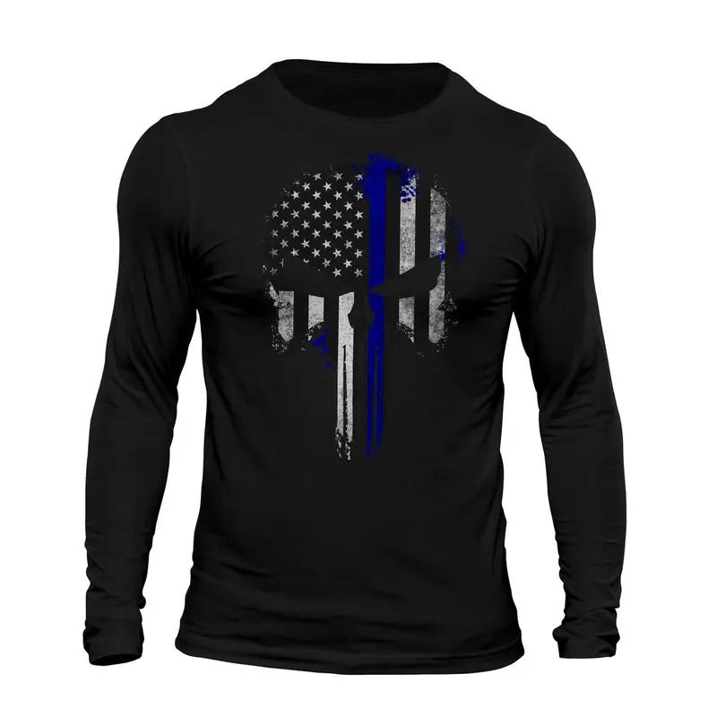Thin Blue Line Flag Skull Patriotic USA Tactical Men's Long Sleeve T-Shirt Casual Classic Hoodie, Sweatshirt