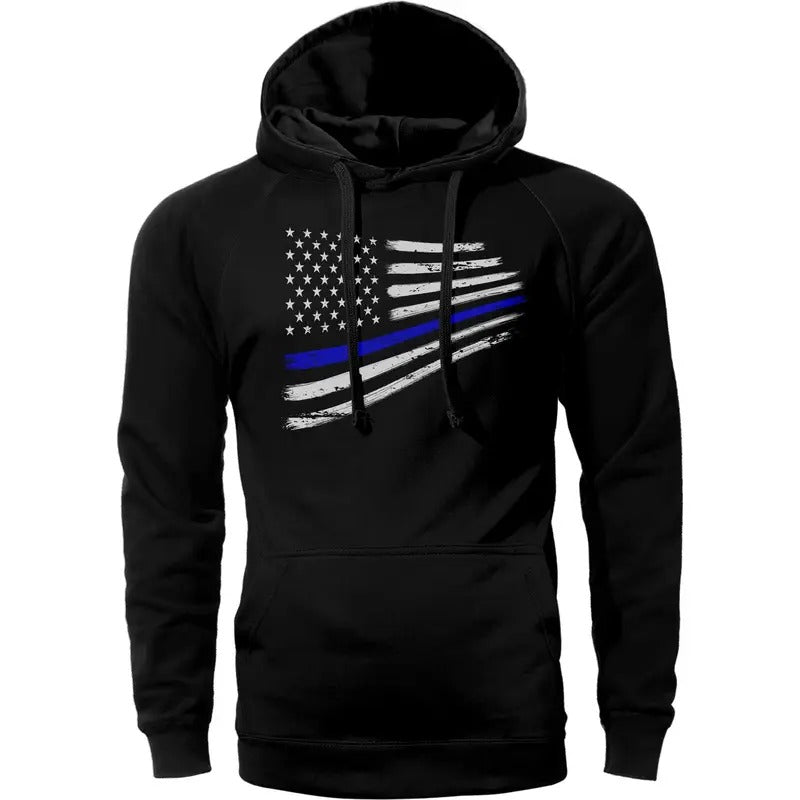 Thin Blue Line Flag Warped Design Police Lives Hoodie Sweatshirt Cotton Fabric Adjustable Breathable Drawstring Kangaroo...
