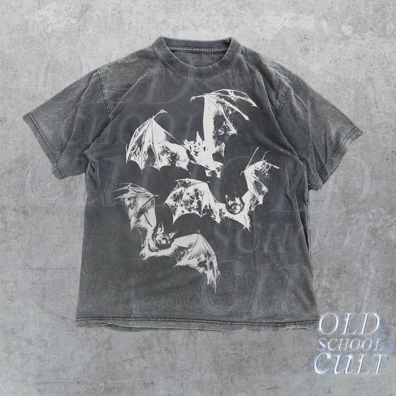 Three Bats Y2k T-Shirt, Vintage 90s Style Bat T-Shirt, Washed Retro Gothic Shirt, Unisex Adult Grunge 2000s Graphic Shirt, Dark Art Shirt