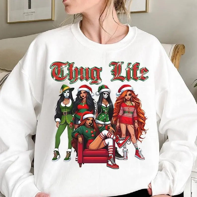 Thug Life Ladie Christmas sweatshirt,hoodie, La.dies Horror Character Xmas tshirt, Christmas Character sweatshirt, Funny...