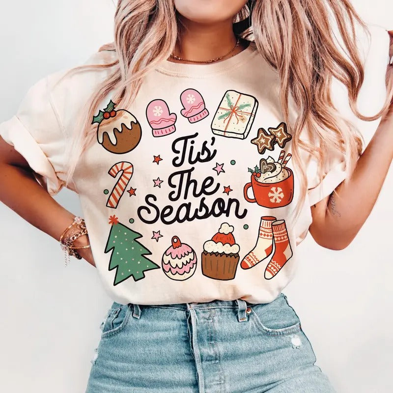 Tis The Season Shirt, Hot Cocoa Christmas Unisex Crewneck Sweatshirt & T-shirt - Cotton Fabric - Fit, Womenswear Top Fitted