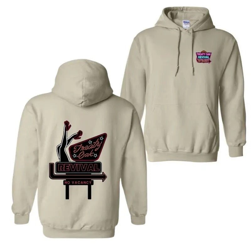 Treaty Oak Revival No Vacancy Hoodie - Bold Neon Sign Featuring Retro-Inspired Graphic, Perfect for Fans of Vintage Aesthetics and Music Culture, hoodie trend