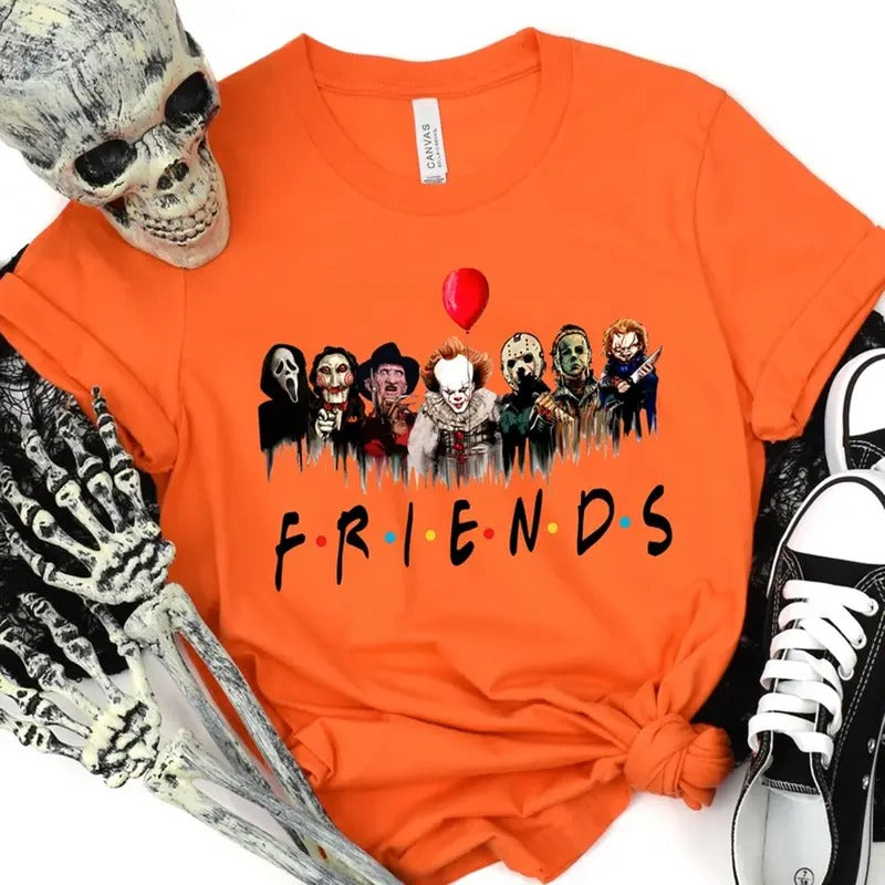 Trending Horror Characters Friends Tee, Halloween Horror Movie Characters Unisex Cotton Orange T-shirt Available sizes Small & Medium Menswear Soft