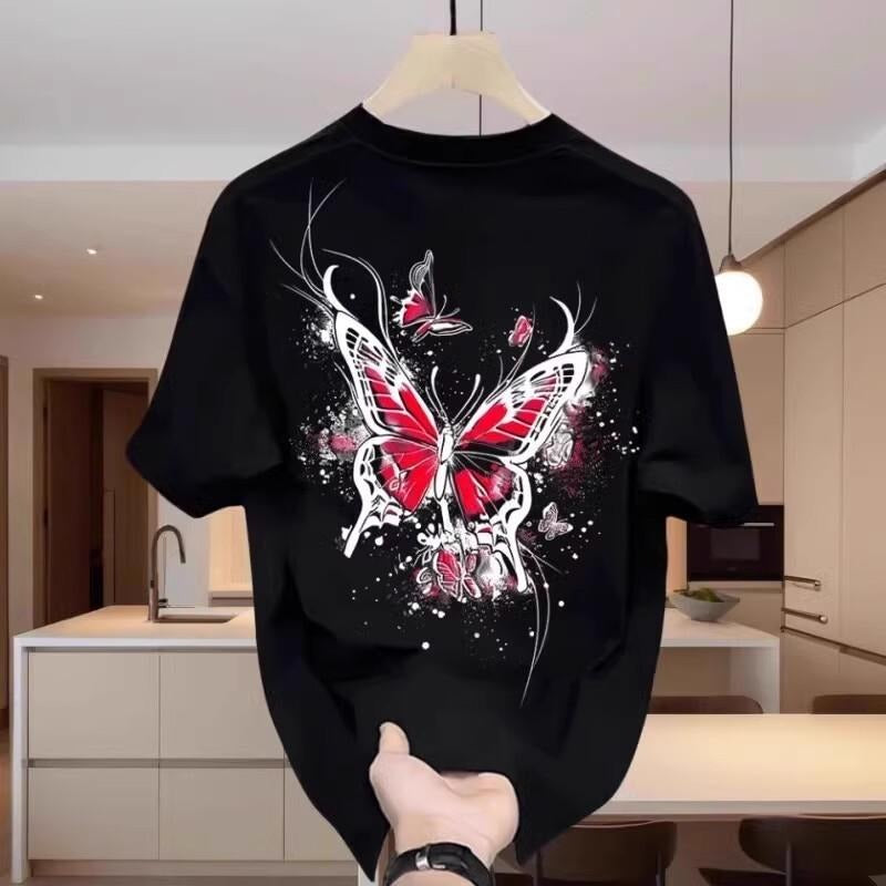 Trendy Dark Style Butterfly Printed Short-Sleeved T-shirt Men's 2025 Summer Loose round Neck Fashion Brand Couple's Tops T-shirt