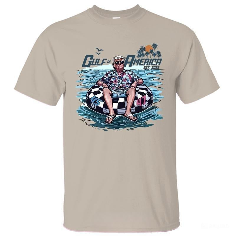 Trum Chillin on the Gulf of America Shirt, Trum Shirt, Crewneck Graphic Printed Unisex Cotton T-shirt for Men for Women