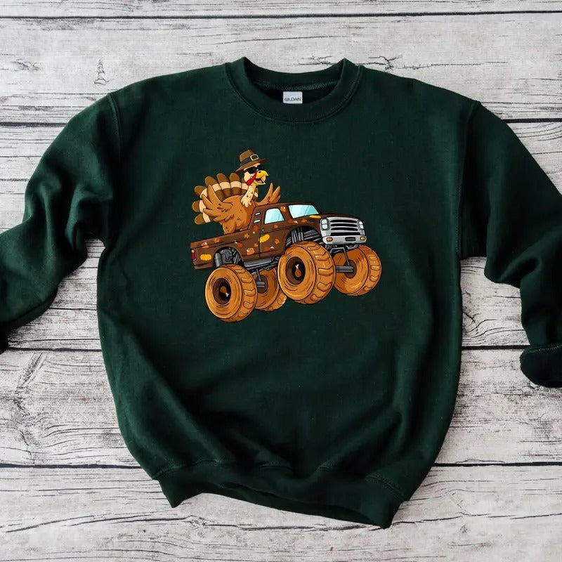 Turkey Riding Monster Truck Sweatshirt, Boys Thanksgiving Shirt, Funny Turkey Day Sweater, Thankful Hoodie