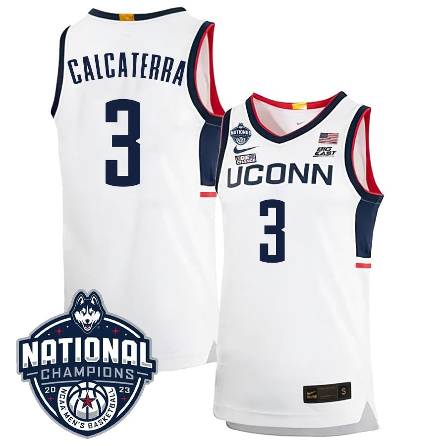 UConn Huskies #3 Joey Calcaterra 2023 National Champions College Basketball Limited Jersey – White Home