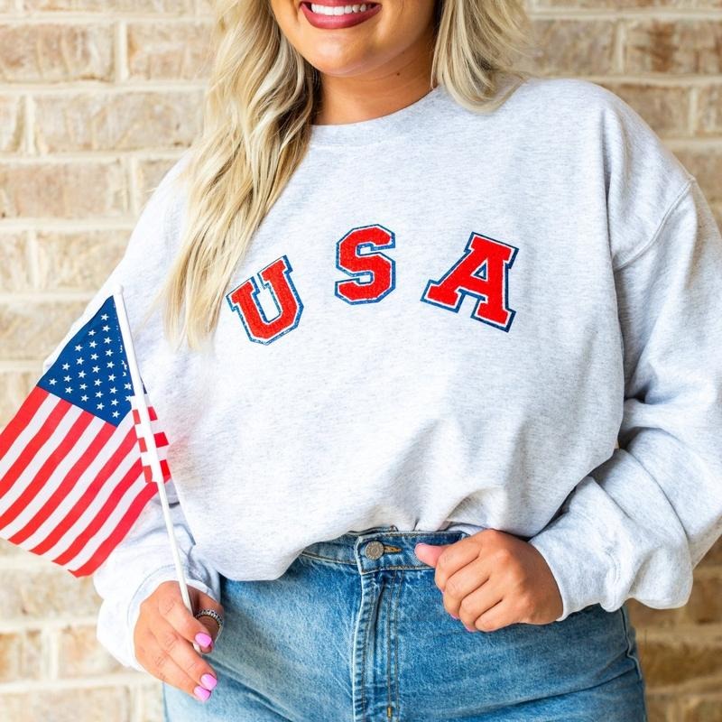 USA Letter Patch Patriotic Pullover Crew, Chenille Letter Patch T-Shirts, Hoodie, Sweatshirt | InkThreadWorks.com