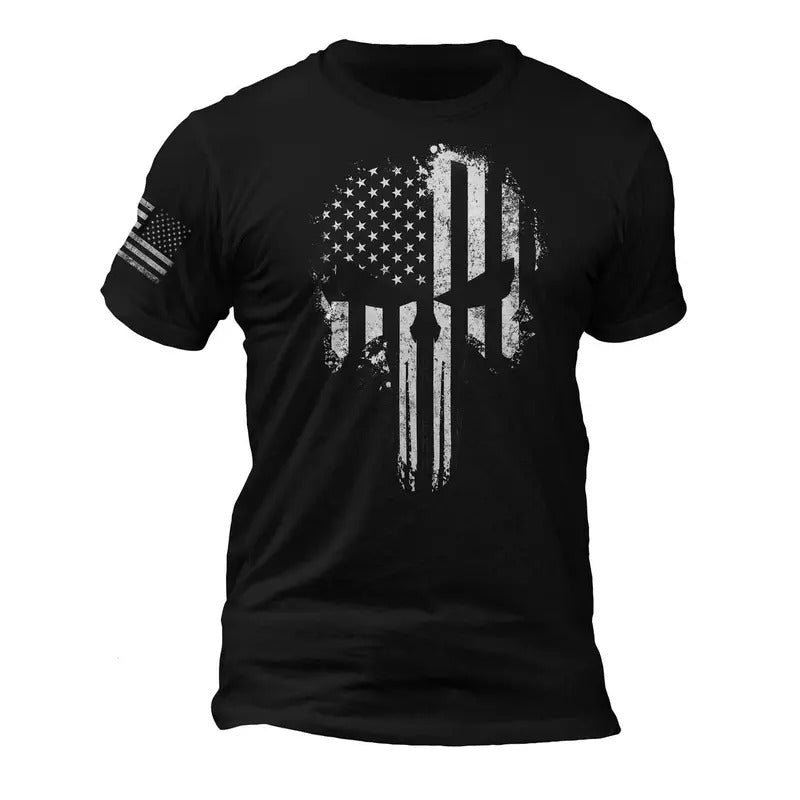 USA Patriotic Shirt Tactical Desaturated Skull Flag on Sleeve Men's T-Shirt Hoodie, Sweatshirt | InkThreadWorks.com