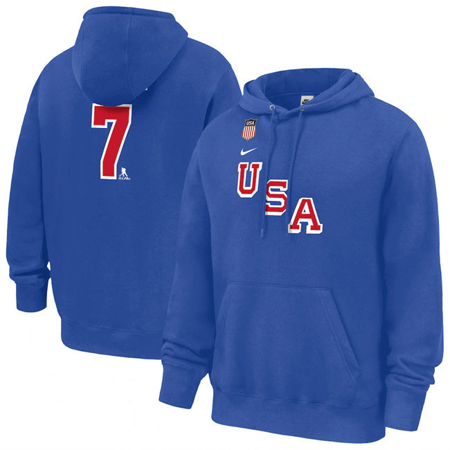 US Hockey #7 Brady Tkachuk Royal 2026 Name & Number Hoodie