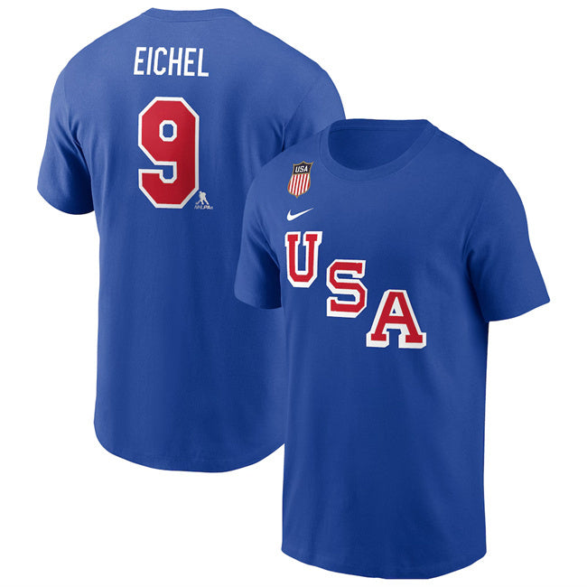 US Hockey #9 Jack Eichel Royal 2026 Name & Number T-Shirt