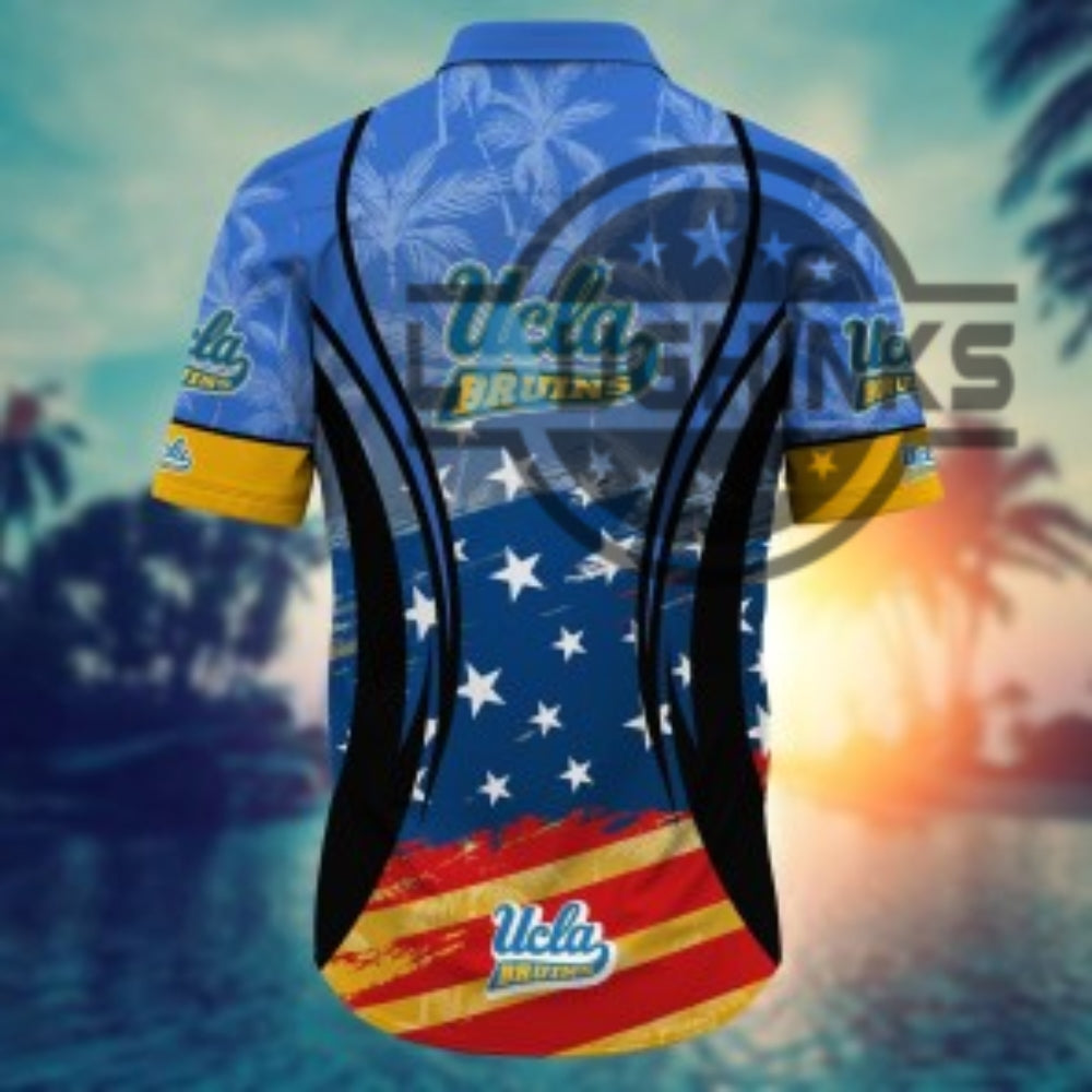 Ucla Hawaiian Shirt And Shorts Ucla Bruins Ncaa American Flag Aloha Shirt University Of California Los Angeles Button Up Shirts Football Basketball Gift For Fans