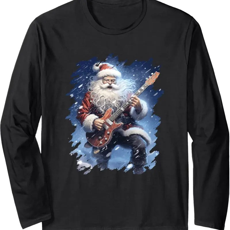 Ugly Christmas Sweater - Santa Claus Playing Guitar Long Sleeve T-Shirt Hoodie, Sweatshirt | InkThreadWorks.com