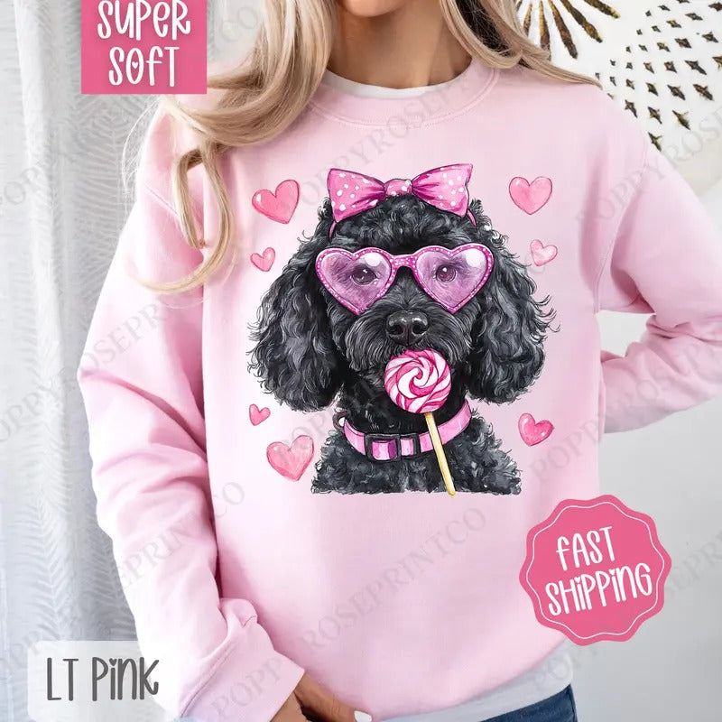 Valentine Black Doodle Sweatshirt, Valentine's Day Crewneck, Cute Women's Sweater T-Shirts, Hoodie | InkThreadWorks.com