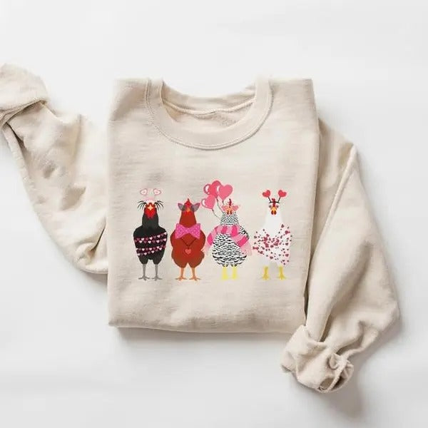Valentine Chickens Sweatshirt, Valentine Farm Animals Sweatshirt, Valentine Day Shirt, Chicken Lover Gift, Valentines Day...