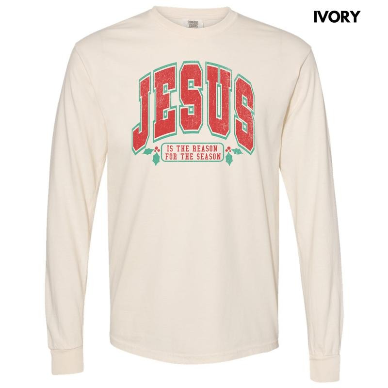 Varsity Jesus Red & Green Long Sleeve Comfort Colors T-Shirt 'NLB' Hoodie, Sweatshirt | InkThreadWorks.com