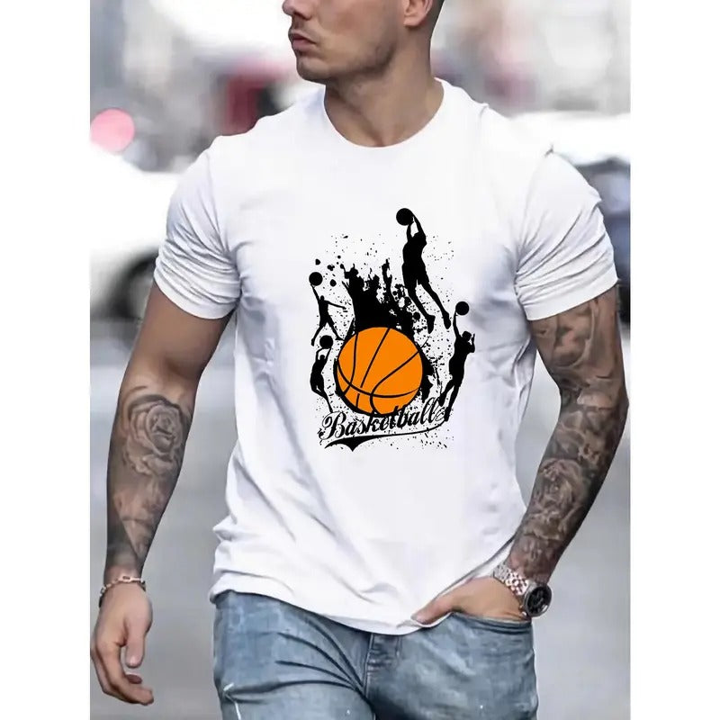 Vibrant Basketball Graphic Print T-shirt - Comfortable Short Sleeve, Classic Crew Neck, Ultra-Casual Wear - Perfect for Mens Summer Wardrobe, Ideal for Outdoor Activities Made in USA