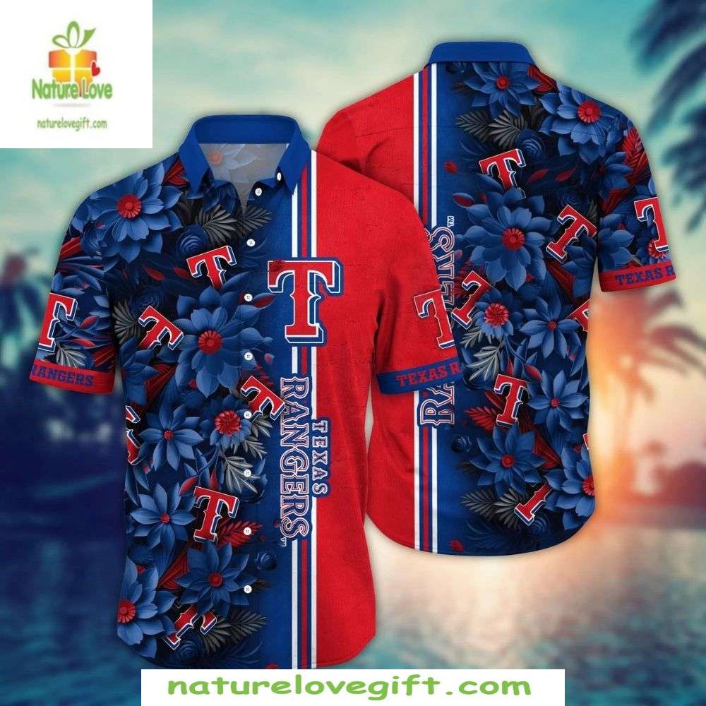 Texas Rangers Hawaiian Shirt Red Navy Floral Aloha Shirt MLB Baseball Apparel