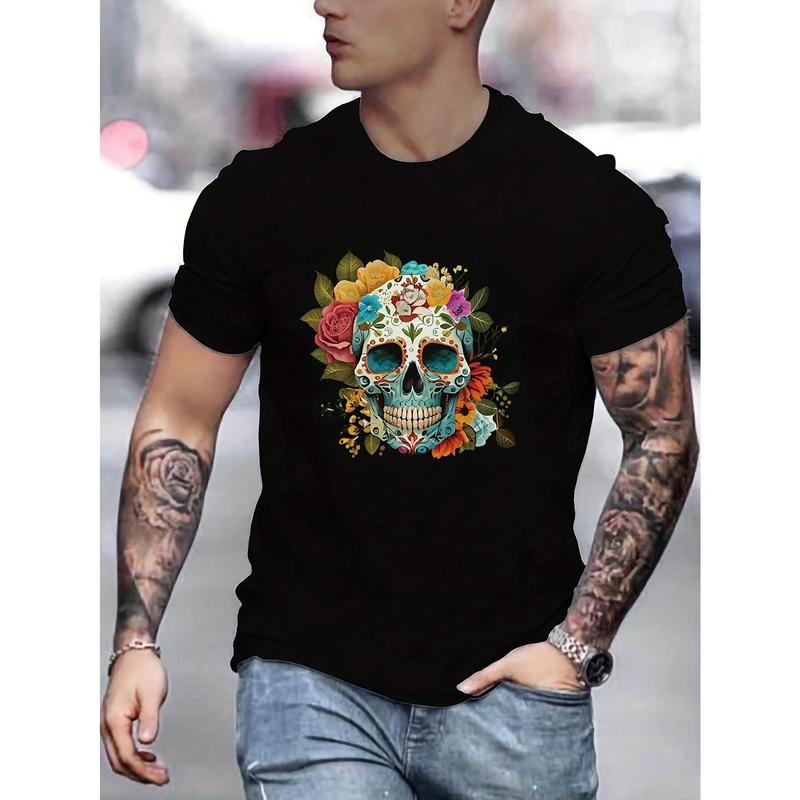Vibrant Skull and Flowers Graphic Print Tee - Men's Casual Crew Neck Short Sleeve T-Shirt - Soft, Breathable, Comfortable for All Seasons Made in USA