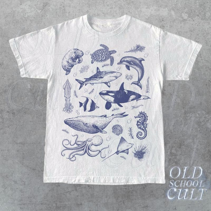 Vintage 90s Tattoo Sea Animal Tshirt Retro Ocean Nature Shirt Sealife Ocean Whale Orca Turtle Dolphin Shirt Unisex Relaxed Adult Tee sweater and hoodie