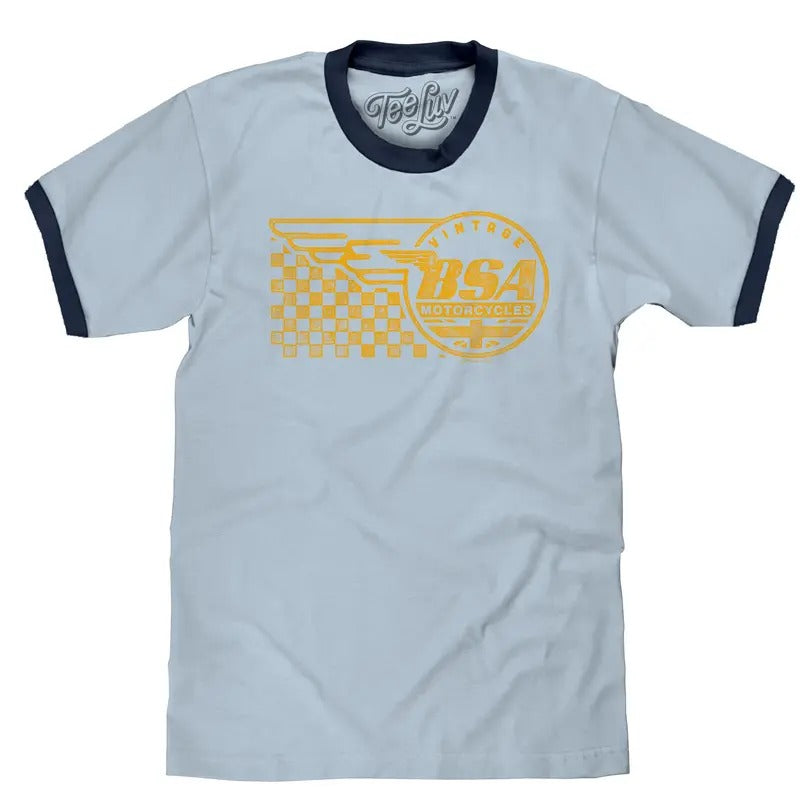 Vintage BSA Motorcycles Ringer T-Shirt - Light and Navy Blue Hoodie, Sweatshirt | InkThreadWorks.com
