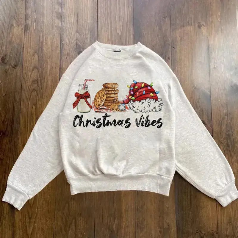Vintage Christmas Vibes Graphic Tee - Milk Cookies Santa Claus Hat Shirt - Merry Christmas - Xmas - Christmas Gifts - Christmas Party