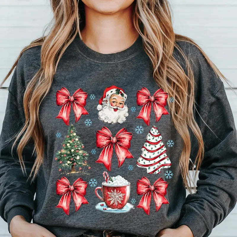 Vintage Coquette Christmas Santa with Hot Cocoa and Bows. Casual Everyday Softstyle Christmas Unisex Pullover Crewneck Sweatshirt.