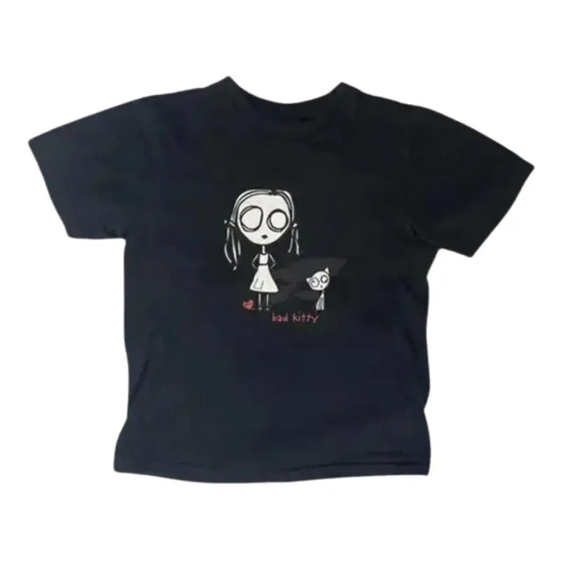 Vintage Eve L Bad Kitty Baby Tee, Goth Punk College Humour Cartoon, Y2k Top Women Streetwear, Grunge 2000s, Gothic Emo...