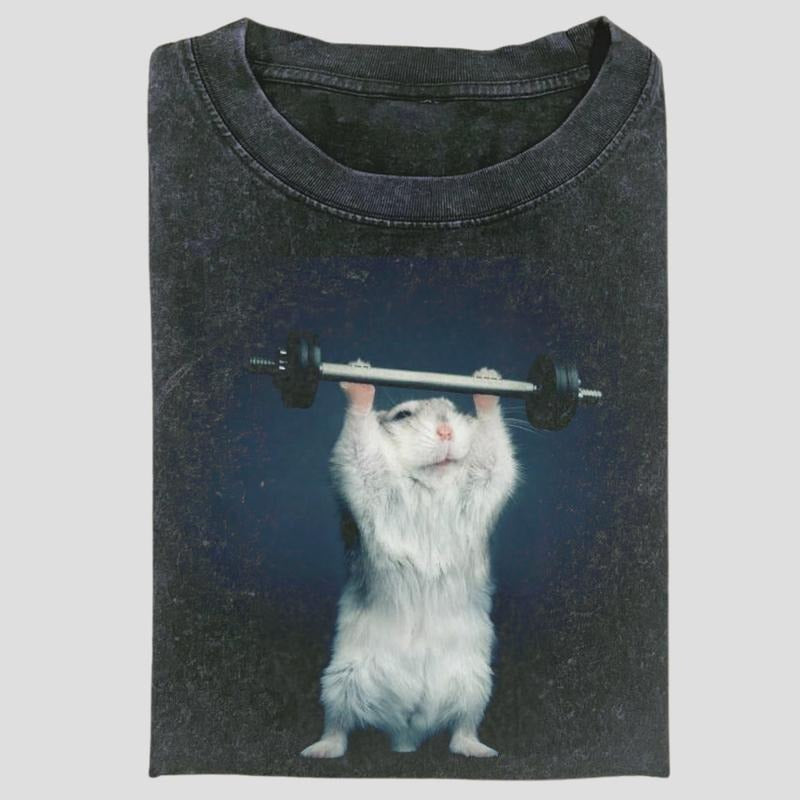 Vintage Gym Hamster Graphic Tee, Funny Lifting Meme Animal Shirt, Buff Rodent Fitness Aesthetic, Unisex Menswear Womenswear Top