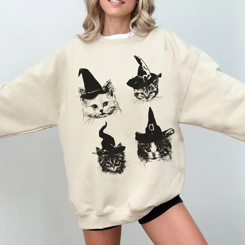 Vintage Halloween Cat Shirt, Halloween Sweatshirt, Halloween Crewneck, Black Cat, Halloween Sweater, Halloween Gift, Cat Sweater, Vintage Cats, Spooky Season, Cat Lover
