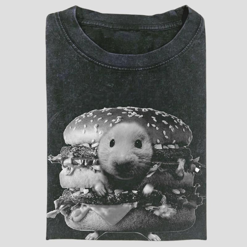 Vintage Hamster Burger Graphic Tee, Funny Fast Food Meme Shirt, Rat In A Bun Aesthetic, Unisex Menswear Womenswear Top